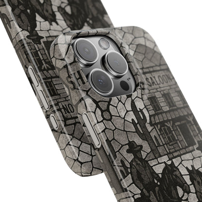 Slim Phone Cases Vintage Wild West Mosaic Art | Black & White Cowboy Scene | Sheriff, Horses & Saloon