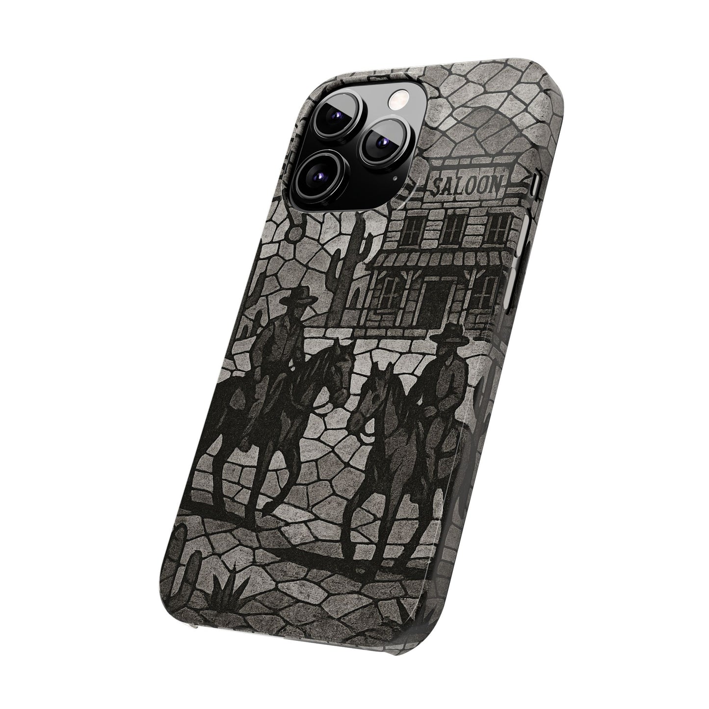 Slim Phone Cases Vintage Wild West Mosaic Art | Black & White Cowboy Scene | Sheriff, Horses & Saloon