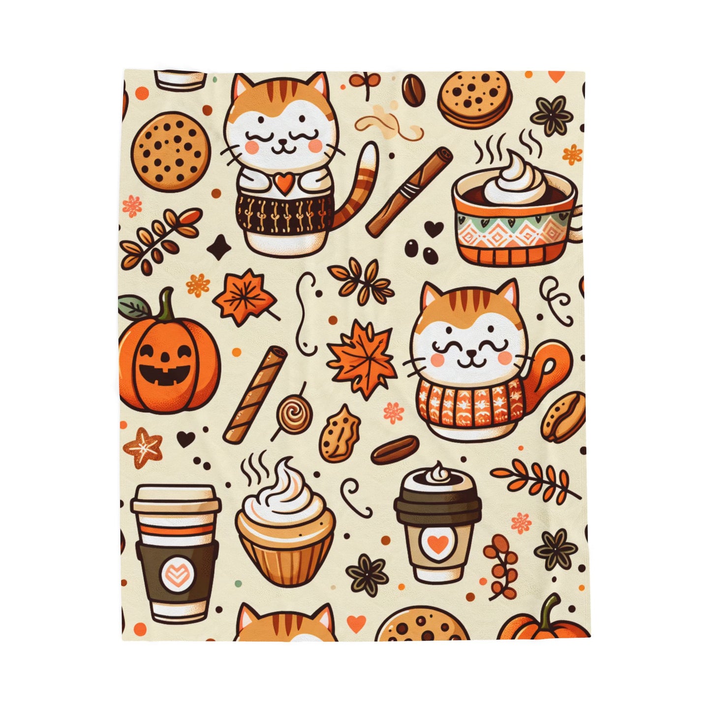 Plush Blanket Cat Coffee Cupcake Pattern Autumn Theme