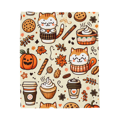 Plush Blanket Cat Coffee Cupcake Pattern Autumn Theme
