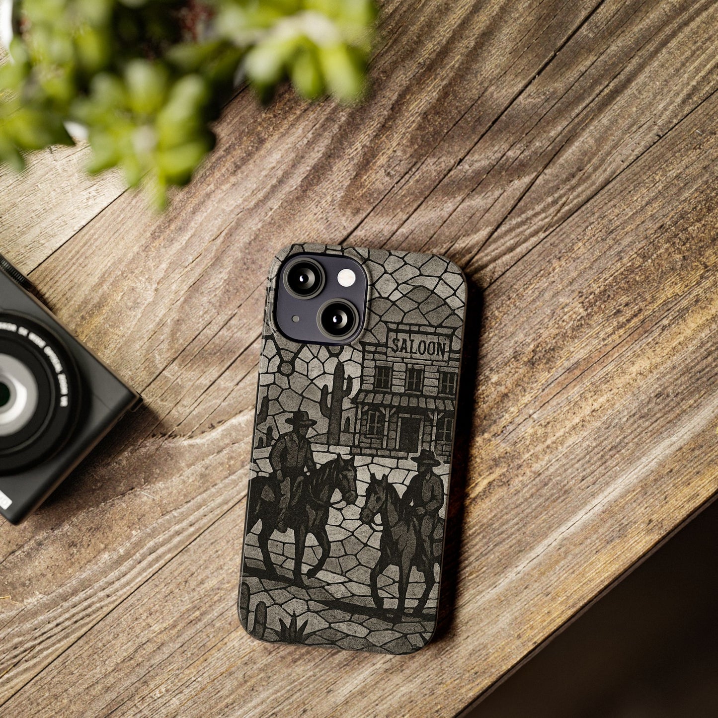 Slim Phone Cases Vintage Wild West Mosaic Art | Black & White Cowboy Scene | Sheriff, Horses & Saloon