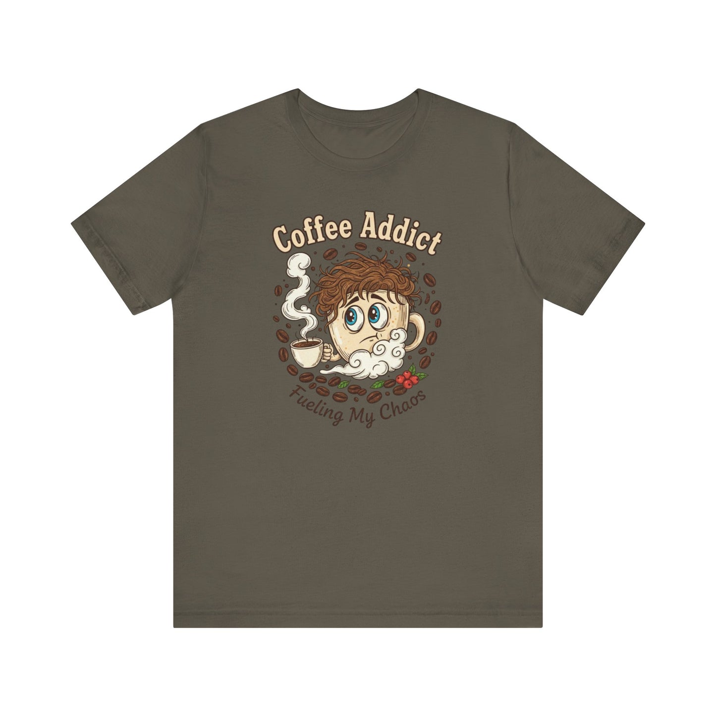 Coffee Addict Unisex Tee, Funny Caffeine Lover Shirt, Graphic T-Shirt, Chaos & Coffee Short Sleeve Top, Gift for Barista, Coffee Obsessed