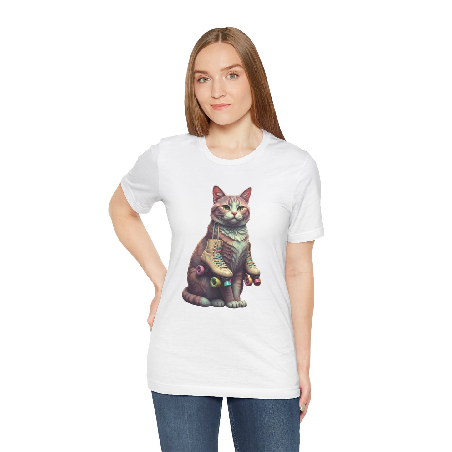 Cat with Roller Unisex Tee, Short Sleeve Shirt, Roller Coaster Cat Graphic Top, Cute Animal T-Shirt, Funny 80s Theme Shirt