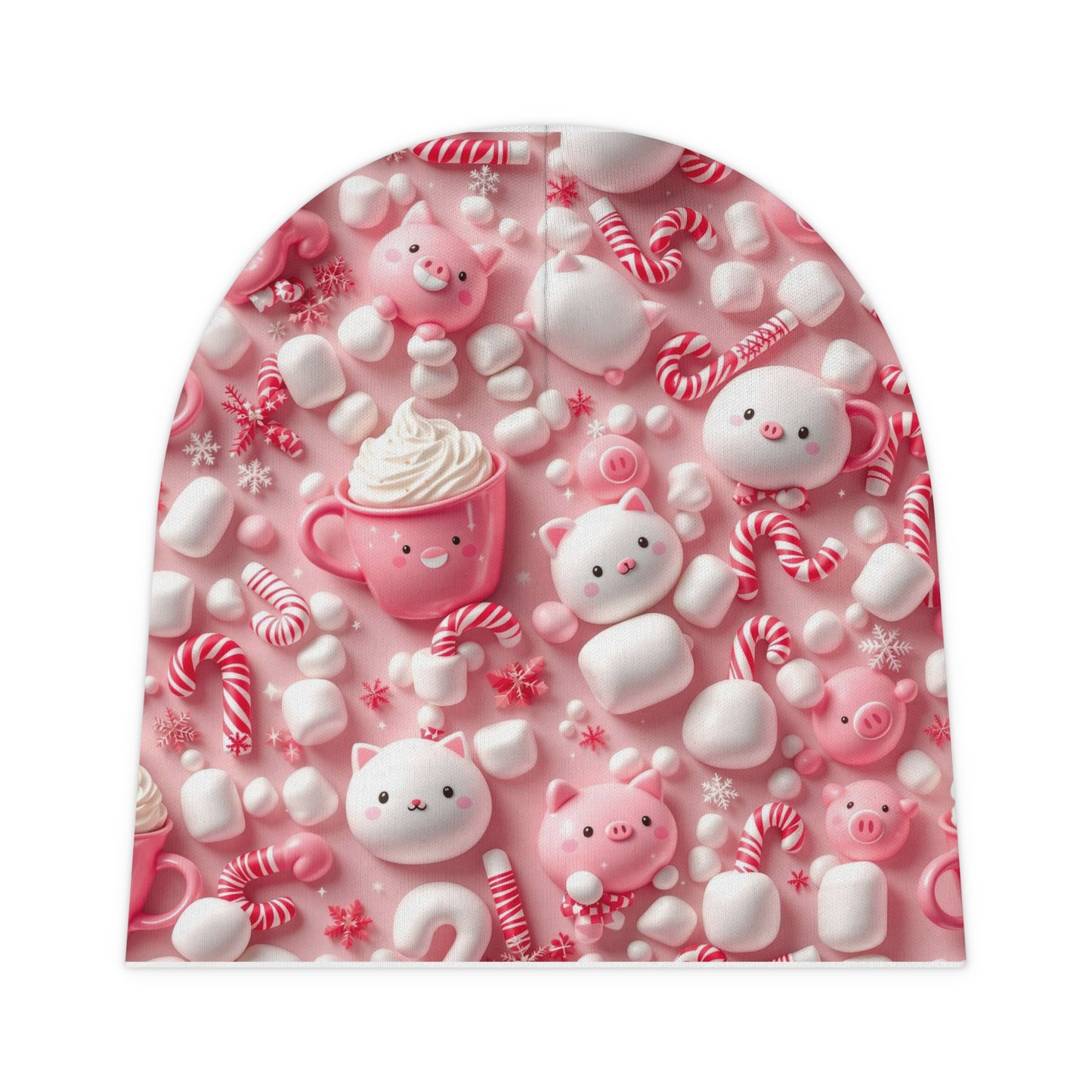 Pink Baby Beanie with Marshmallows, Chantilly Cats & Pigs | Cute Knit Hat for Babies | Infant Winter Cap | Cozy Newborn Beanie