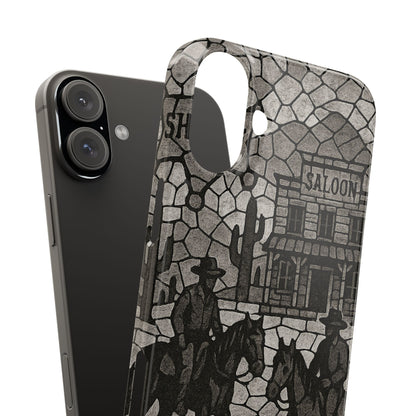 Slim Phone Cases Vintage Wild West Mosaic Art | Black & White Cowboy Scene | Sheriff, Horses & Saloon