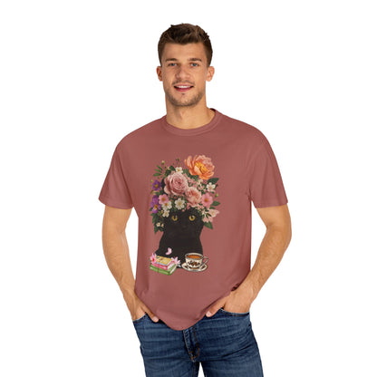 Black Cat Flowers Coffee Books Unisex T-shirt, Graphic Tee, Cat Lover Gift, Bookworm Shirt, Coffee Lovers Top