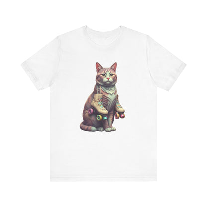 Cat with Roller Unisex Tee, Short Sleeve Shirt, Roller Coaster Cat Graphic Top, Cute Animal T-Shirt, Funny 80s Theme Shirt