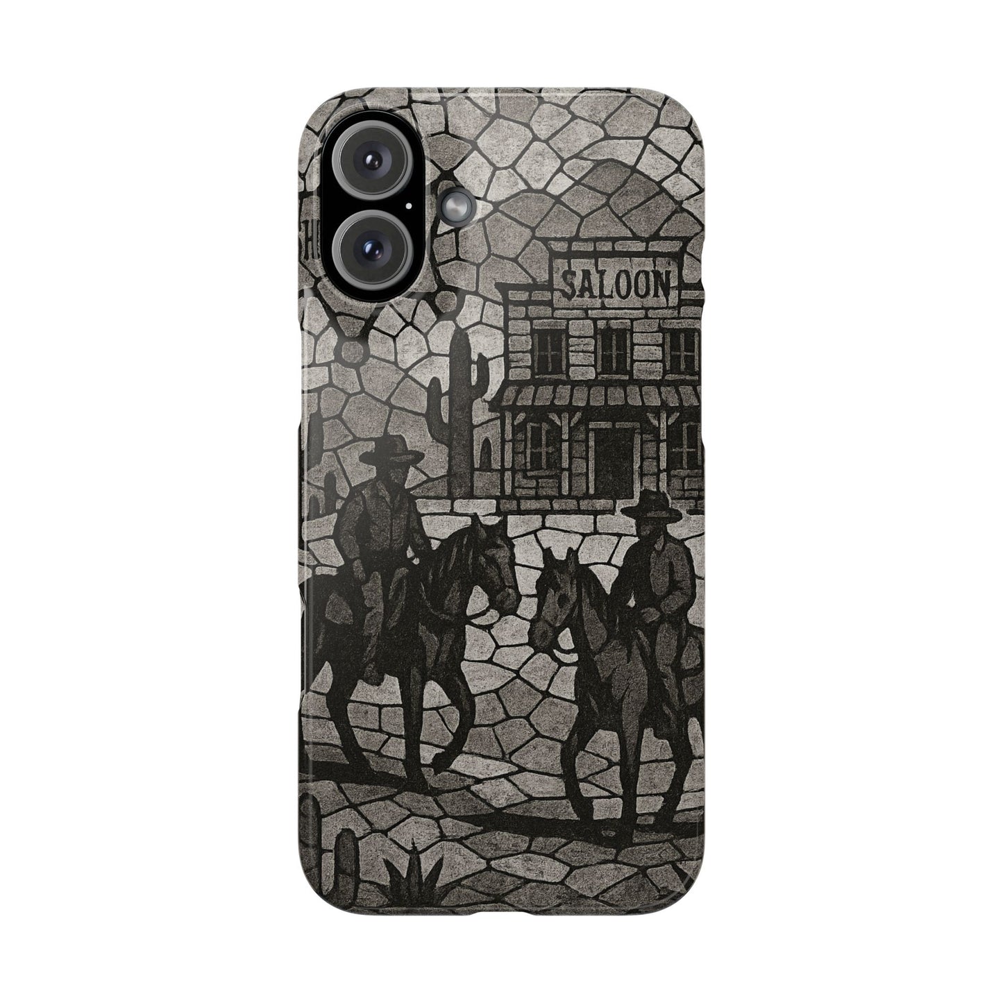 Slim Phone Cases Vintage Wild West Mosaic Art | Black & White Cowboy Scene | Sheriff, Horses & Saloon