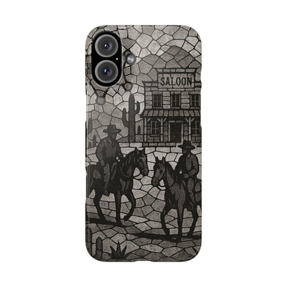 Slim Phone Cases Vintage Wild West Mosaic Art | Black & White Cowboy Scene | Sheriff, Horses & Saloon