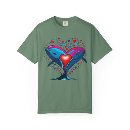 Whale and Heart Unisex Garment-Dyed T-shirt, Ocean Vibes Tee, Sea Lover Shirt, Nautical Graphic Top, Beachwear Apparel, Summer Fashion