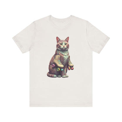 Cat with Roller Unisex Tee, Short Sleeve Shirt, Roller Coaster Cat Graphic Top, Cute Animal T-Shirt, Funny 80s Theme Shirt