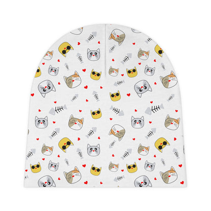 Baby Beanie, Cat Faces And Litte Hearts Knit Hat for Babies, Infant Winter Cap, Cute Animal Print Newborn Beanie, Gender Neutral Baby Shower