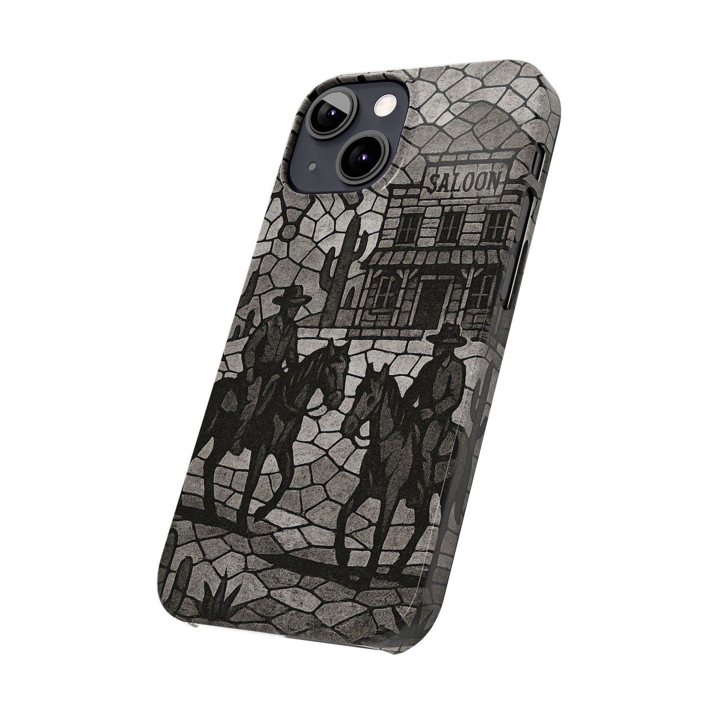 Slim Phone Cases Vintage Wild West Mosaic Art | Black & White Cowboy Scene | Sheriff, Horses & Saloon