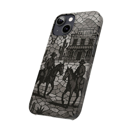 Slim Phone Cases Vintage Wild West Mosaic Art | Black & White Cowboy Scene | Sheriff, Horses & Saloon