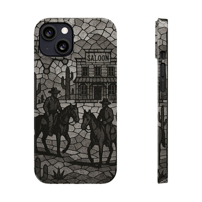 Slim Phone Cases Vintage Wild West Mosaic Art | Black & White Cowboy Scene | Sheriff, Horses & Saloon