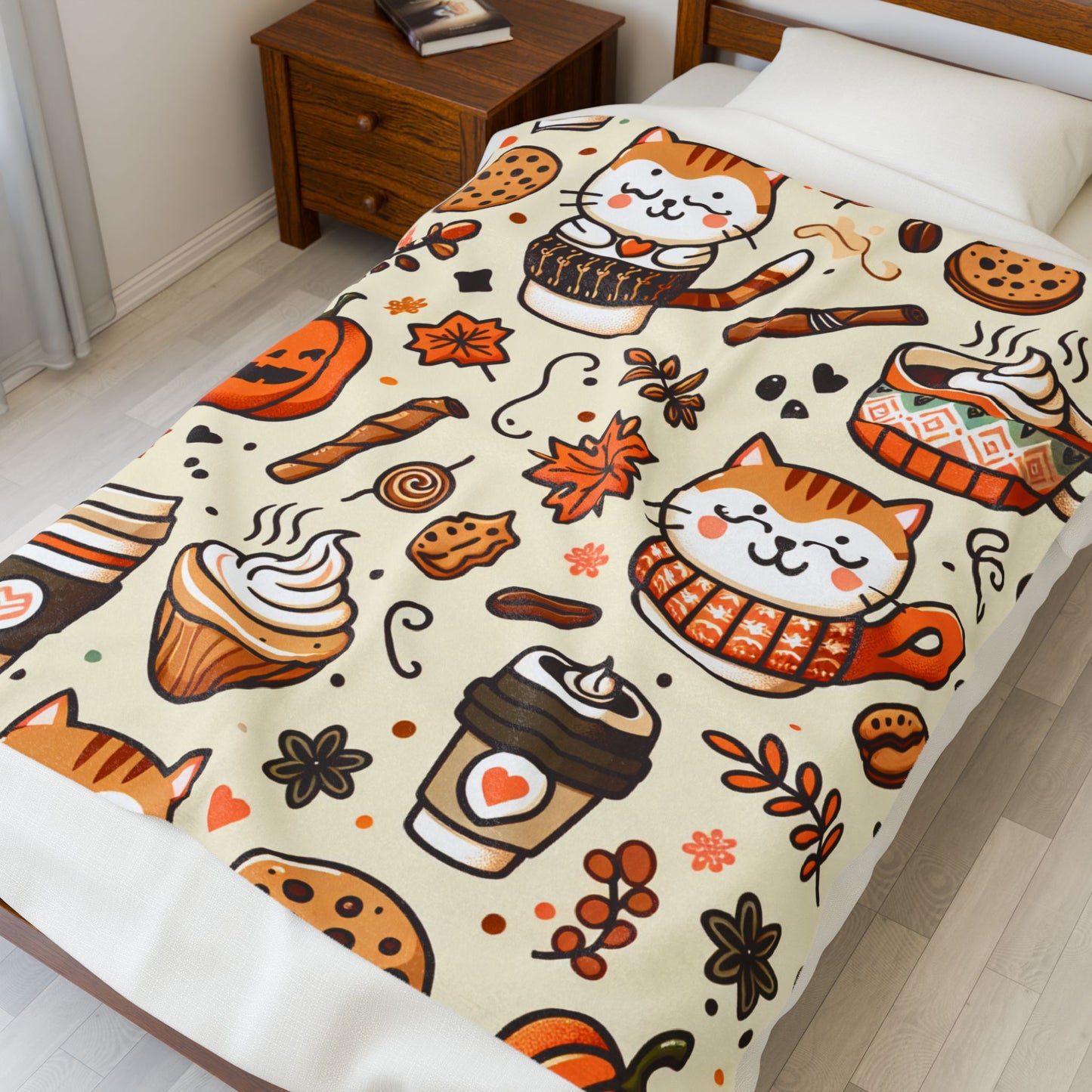 Plush Blanket Cat Coffee Cupcake Pattern Autumn Theme