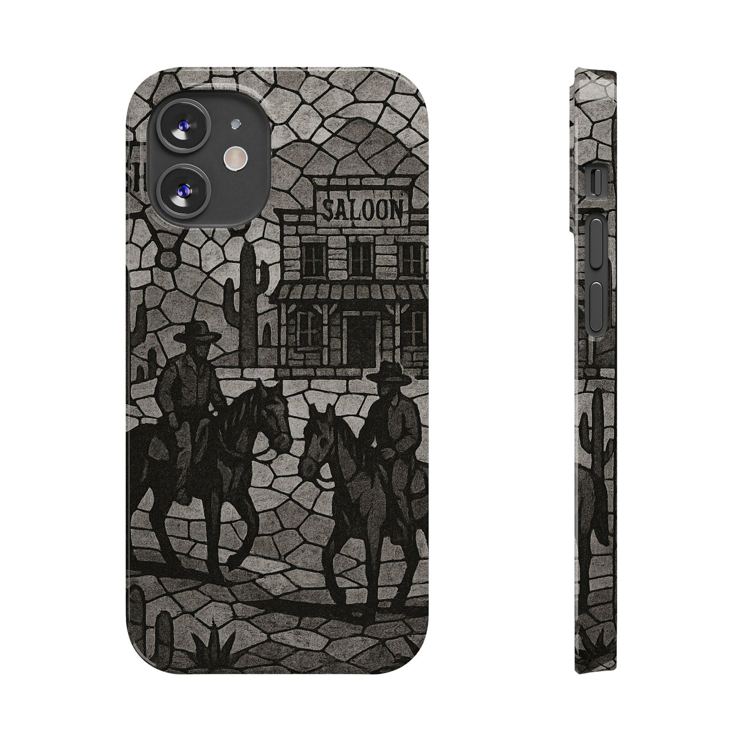Slim Phone Cases Vintage Wild West Mosaic Art | Black & White Cowboy Scene | Sheriff, Horses & Saloon