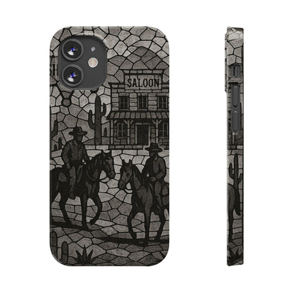 Slim Phone Cases Vintage Wild West Mosaic Art | Black & White Cowboy Scene | Sheriff, Horses & Saloon