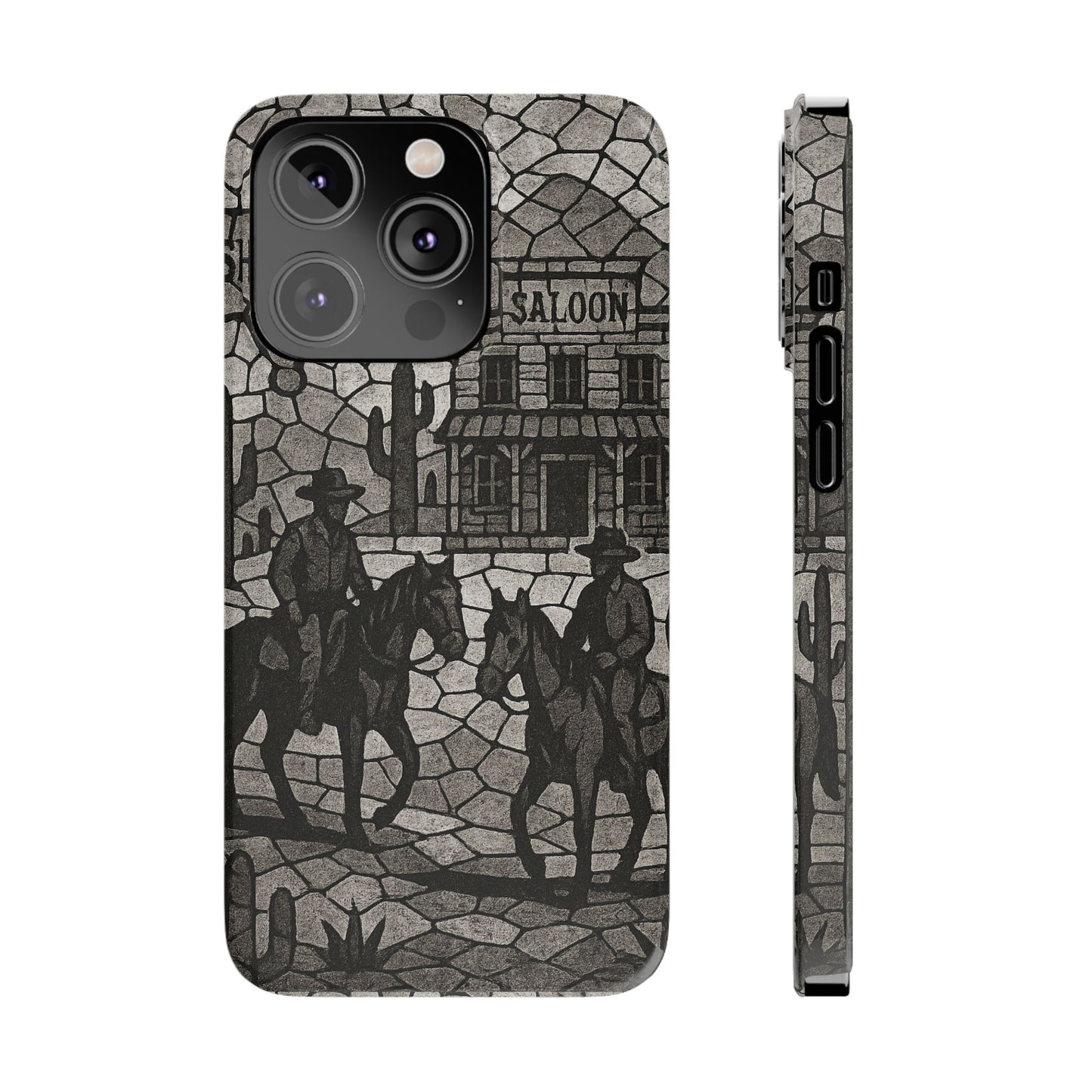 Slim Phone Cases Vintage Wild West Mosaic Art | Black & White Cowboy Scene | Sheriff, Horses & Saloon