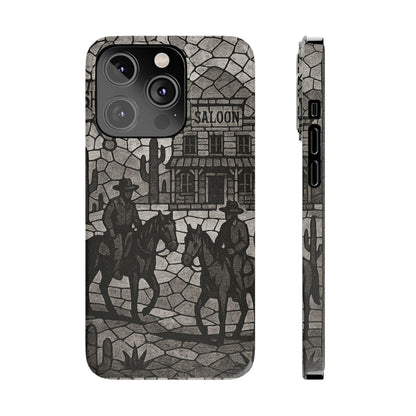 Slim Phone Cases Vintage Wild West Mosaic Art | Black & White Cowboy Scene | Sheriff, Horses & Saloon