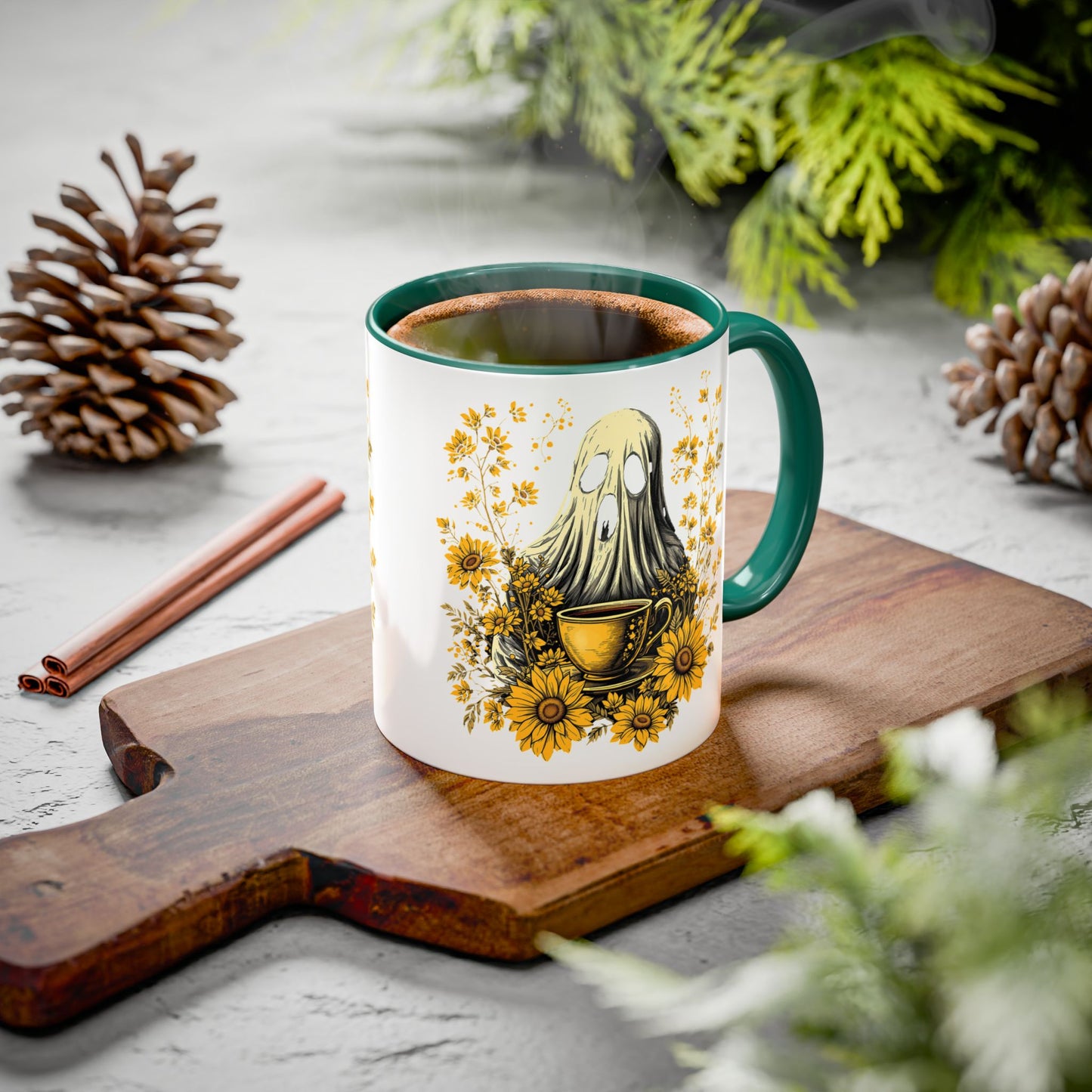 Colorful mug  with Ghost and Sunflowers Design - 11oz and 15oz