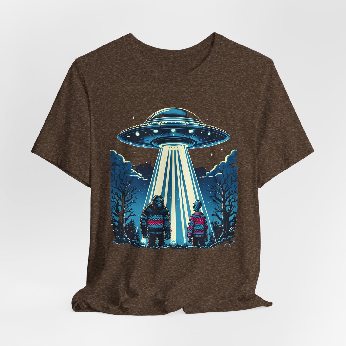 T-Shirt Alien and Bigfoot,  Ugly Christmas Sweater Tee, Funny UFO Holiday Shirt