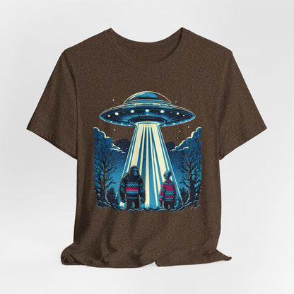 T-Shirt Alien and Bigfoot,  Ugly Christmas Sweater Tee, Funny UFO Holiday Shirt