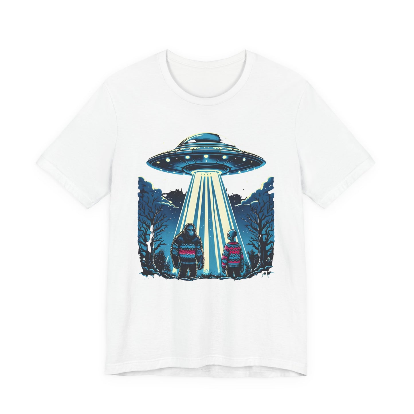 T-Shirt Alien and Bigfoot,  Ugly Christmas Sweater Tee, Funny UFO Holiday Shirt