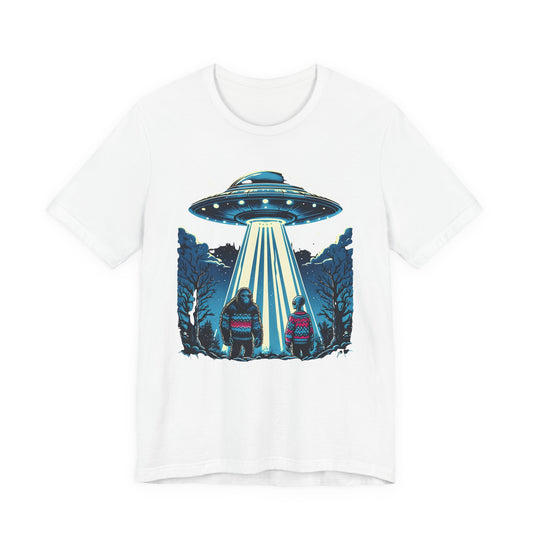 T-Shirt Alien and Bigfoot,  Ugly Christmas Sweater Tee, Funny UFO Holiday Shirt