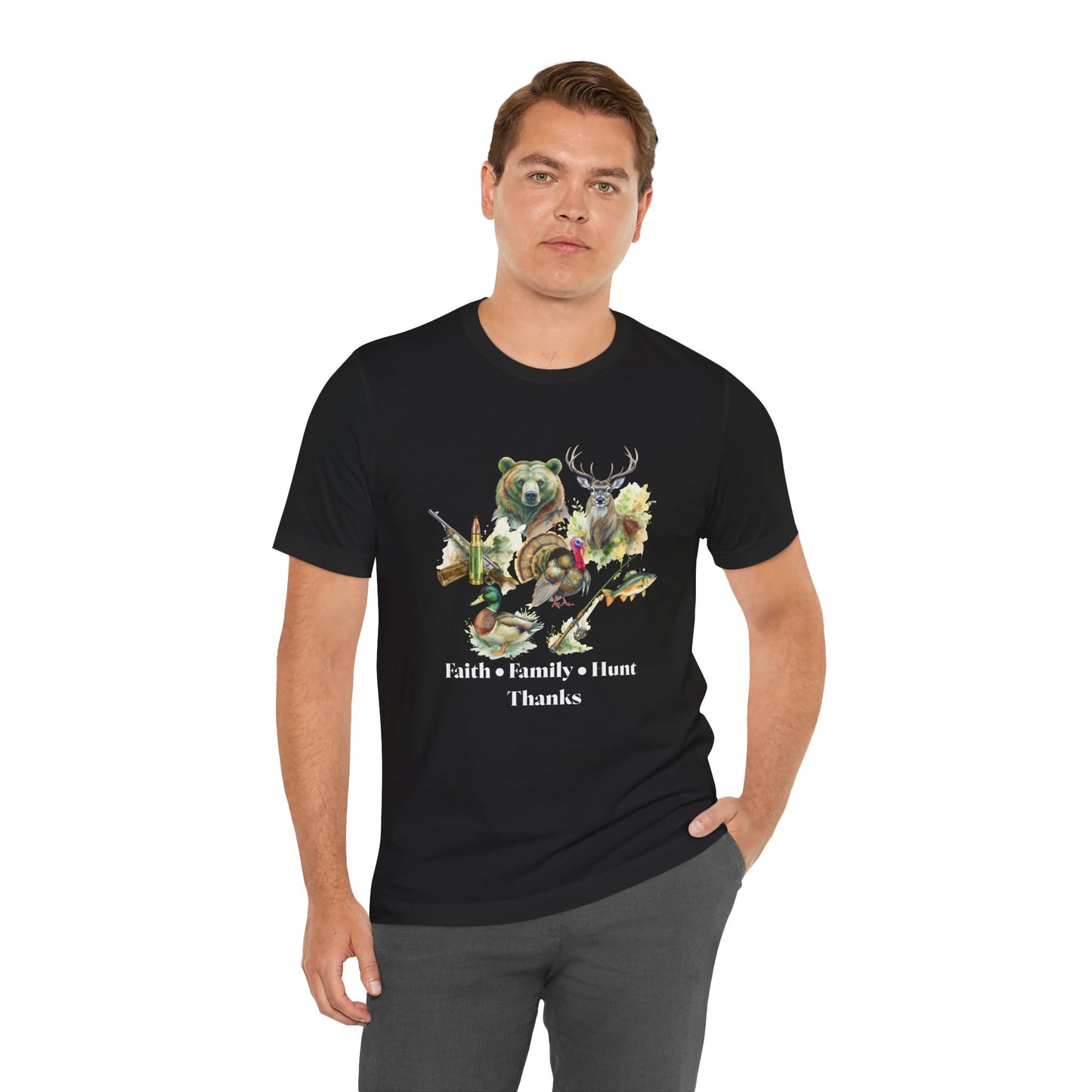 Faith Family Hunt Unisex Tee with Rifle and Bullet Sleeve Print