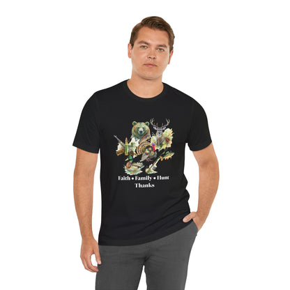 Faith Family Hunt Unisex Tee with Rifle and Bullet Sleeve Print