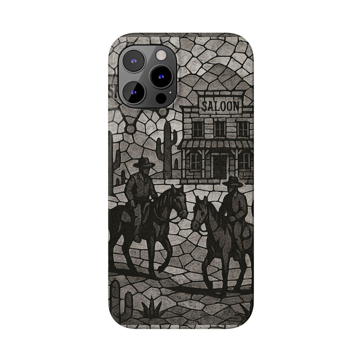 Slim Phone Cases Vintage Wild West Mosaic Art | Black & White Cowboy Scene | Sheriff, Horses & Saloon