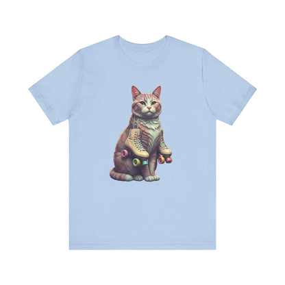 Cat with Roller Unisex Tee, Short Sleeve Shirt, Roller Coaster Cat Graphic Top, Cute Animal T-Shirt, Funny 80s Theme Shirt