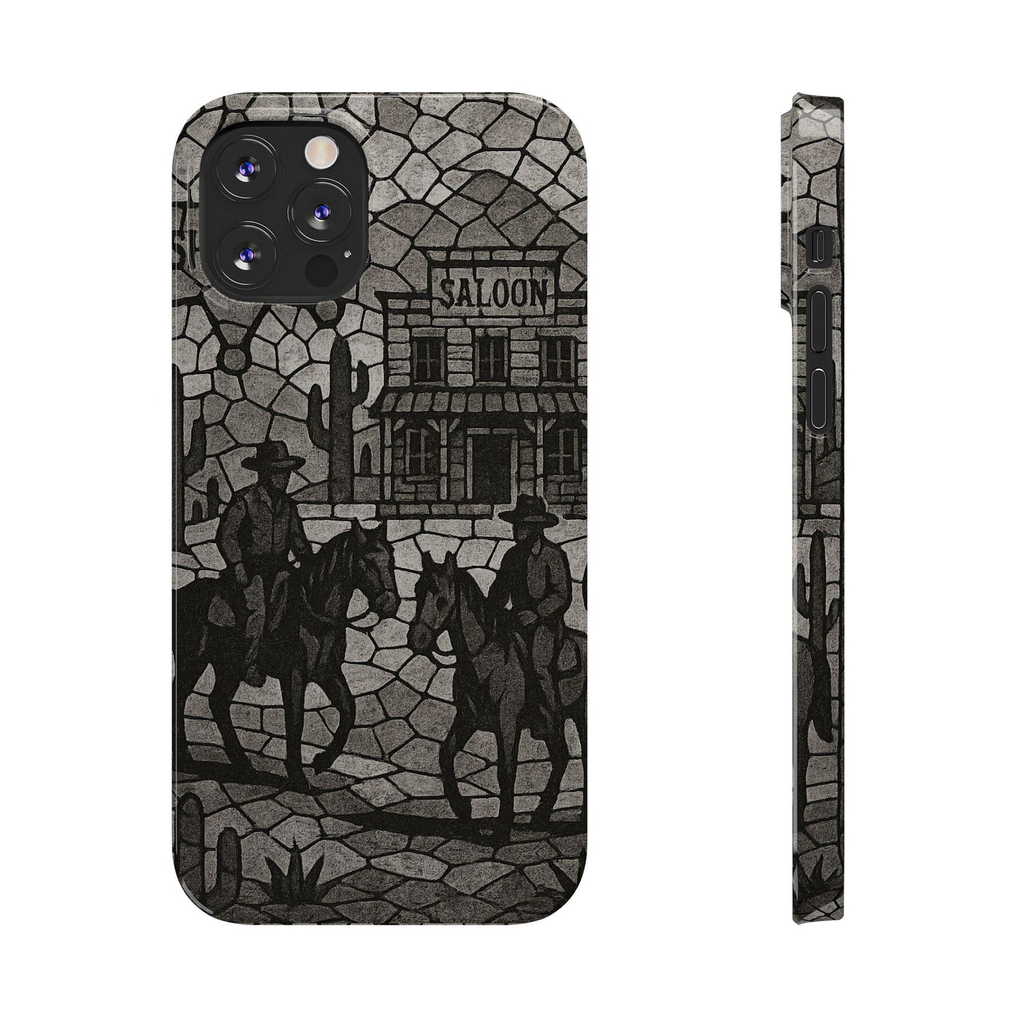 Slim Phone Cases Vintage Wild West Mosaic Art | Black & White Cowboy Scene | Sheriff, Horses & Saloon