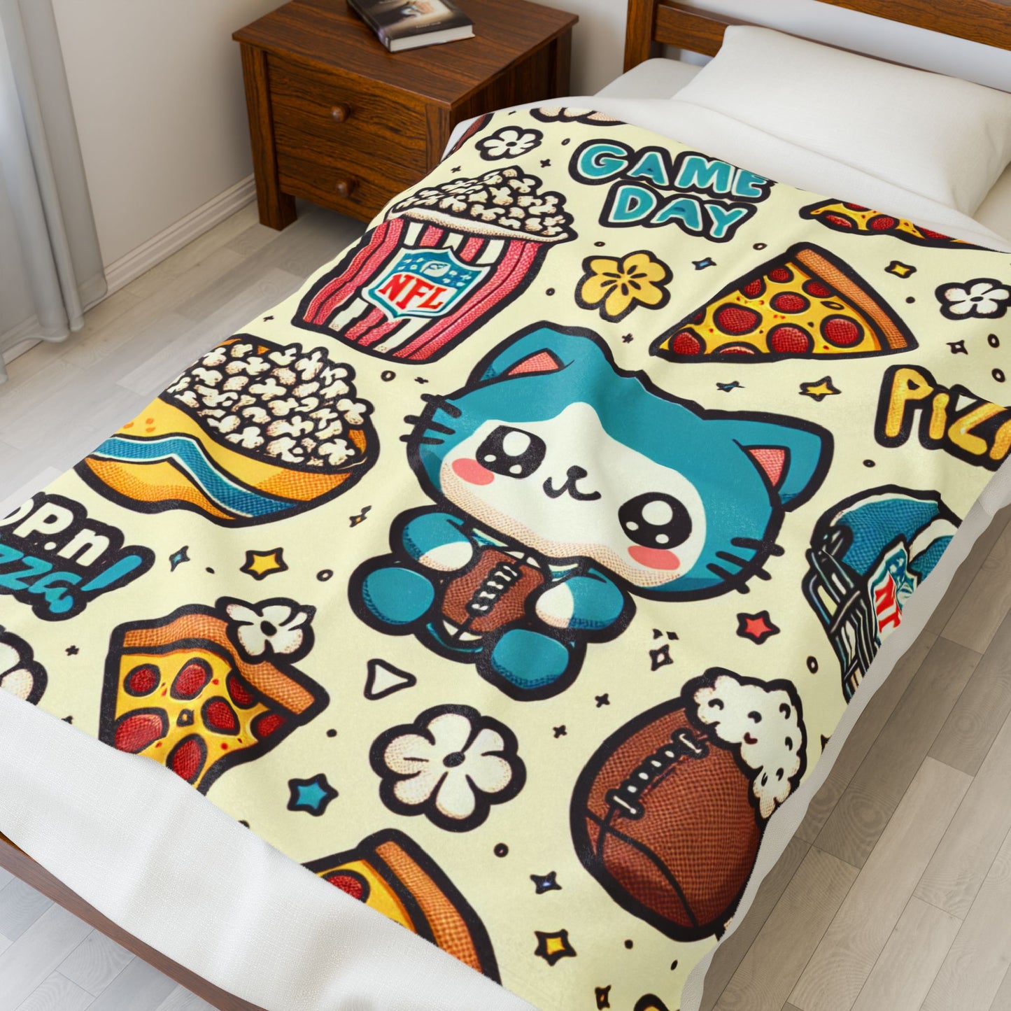 Velveteen Plush Blanket pop corn pizza cat NFL Football