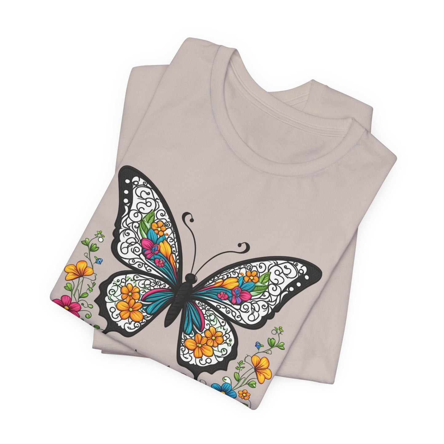 T-Shirt Butterfly and Flowers,  Botanical Floral Tee, Nature Lover Shirt, Cute Spring Top, Unisex Graphic Tee