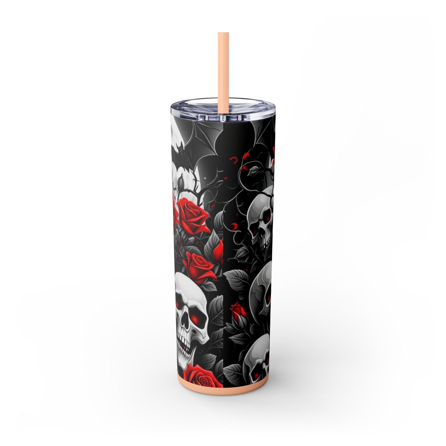 20oz Skinny Tumbler with Straw - Halloween Skulls and Red Roses Design