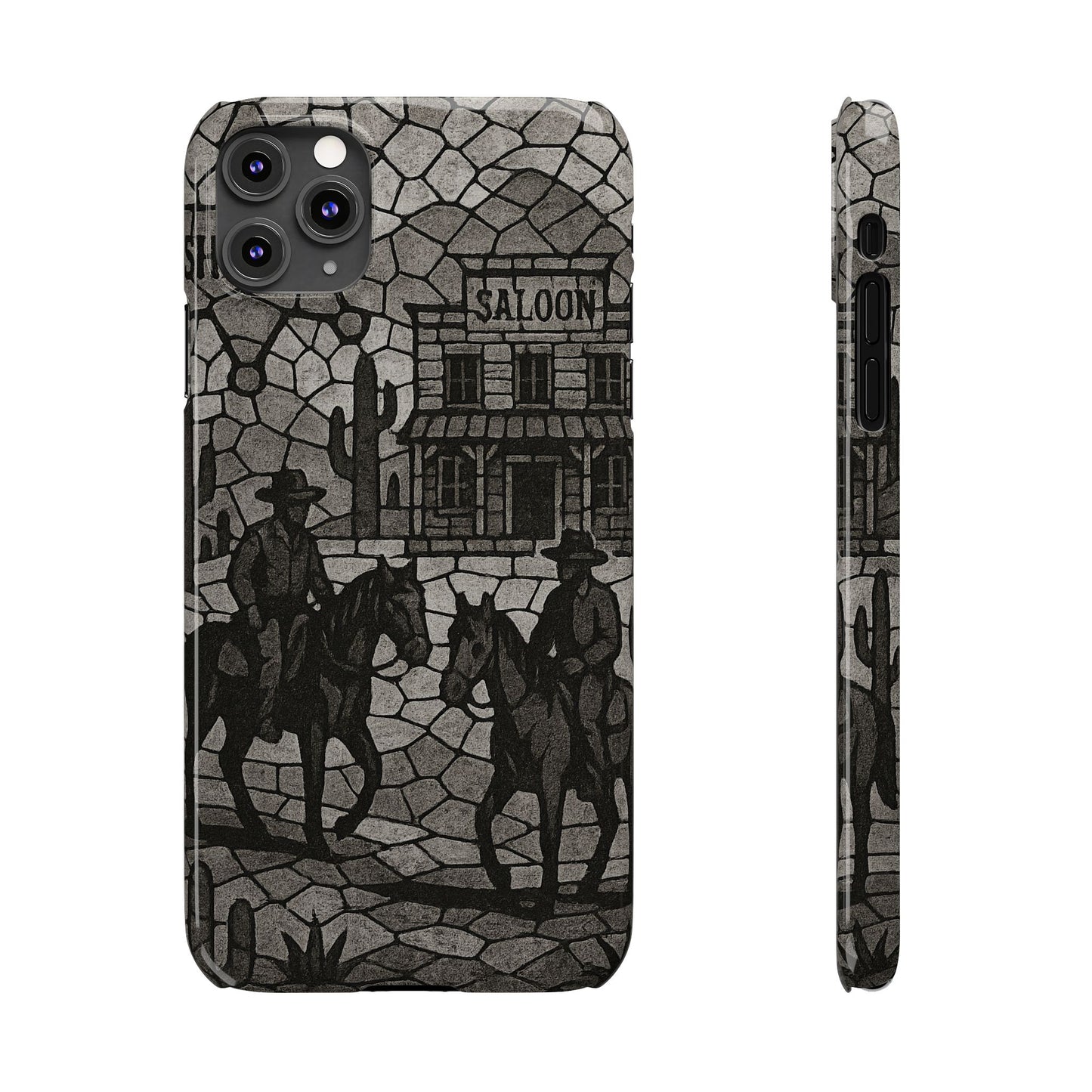 Slim Phone Cases Vintage Wild West Mosaic Art | Black & White Cowboy Scene | Sheriff, Horses & Saloon