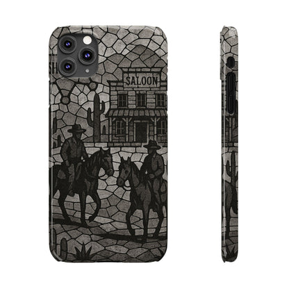 Slim Phone Cases Vintage Wild West Mosaic Art | Black & White Cowboy Scene | Sheriff, Horses & Saloon