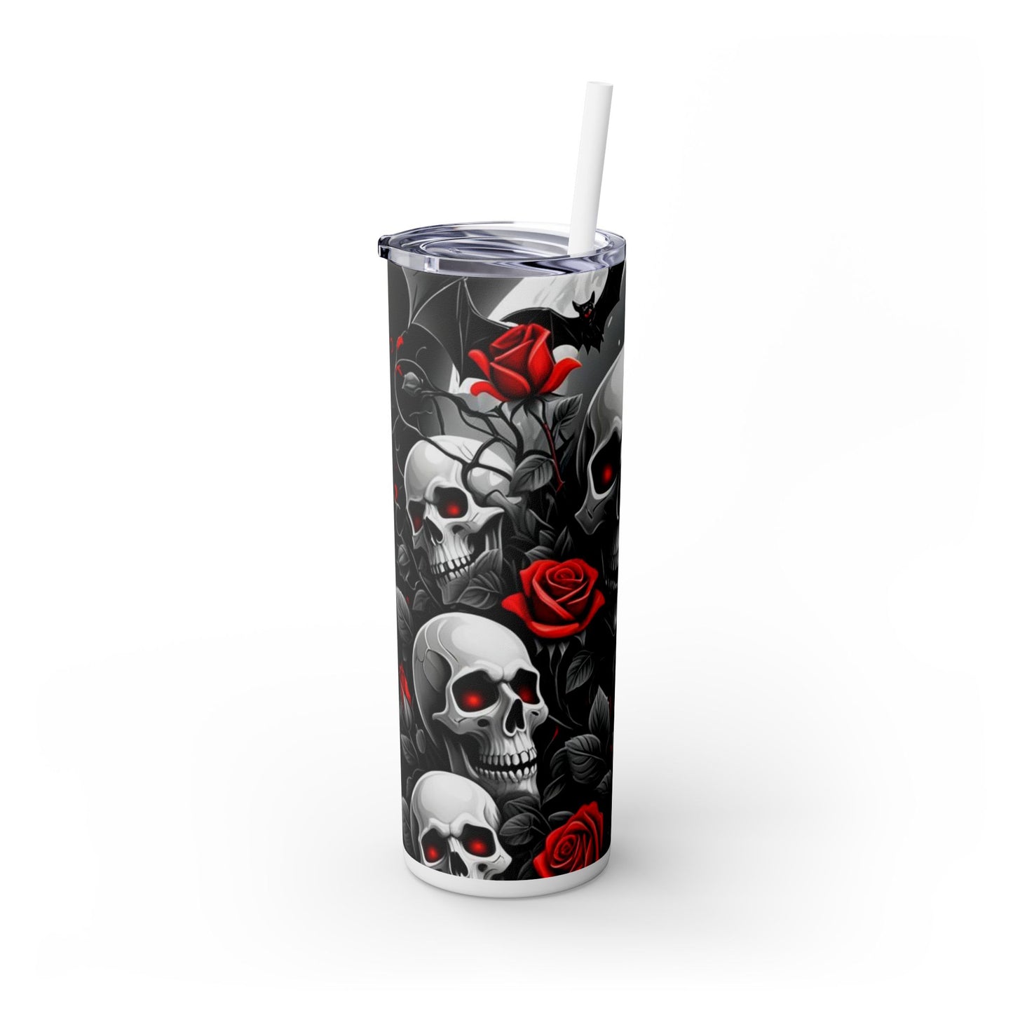 20oz Skinny Tumbler with Straw - Halloween Skulls and Red Roses Design
