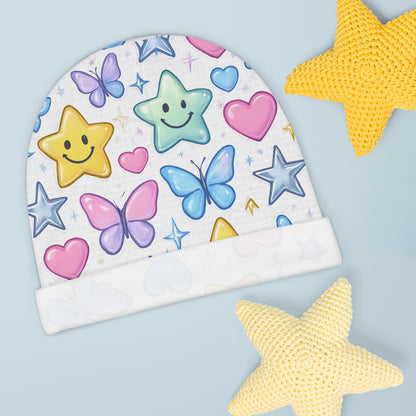 Baby Beanie with Happy Star Face, Heart & Butterfly | Cute Infant Hat | Newborn Hospital Hat | Soft Baby Cap | Baby Shower Gift