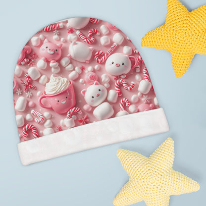Pink Baby Beanie with Marshmallows, Chantilly Cats & Pigs | Cute Knit Hat for Babies | Infant Winter Cap | Cozy Newborn Beanie
