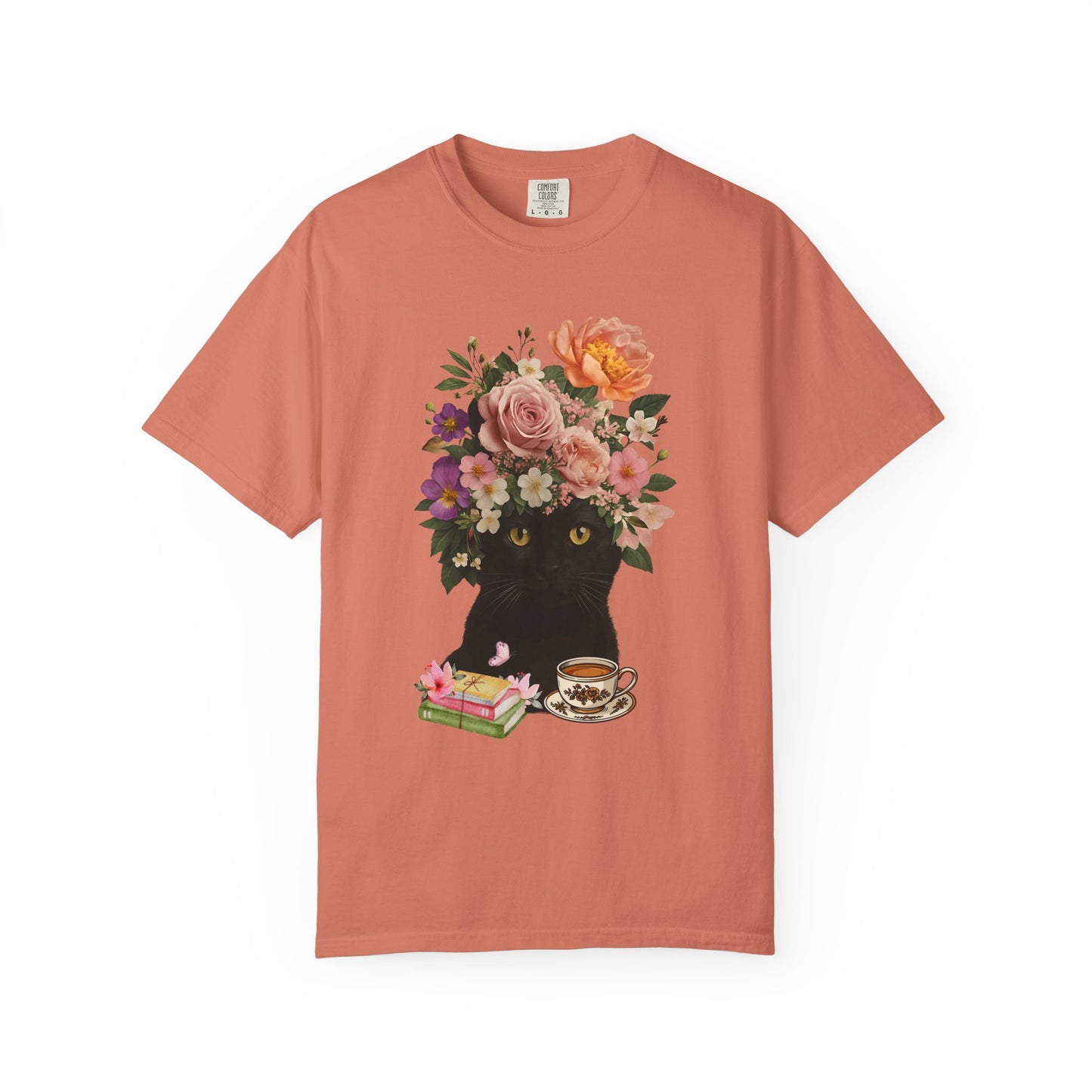 Black Cat Flowers Coffee Books Unisex T-shirt, Graphic Tee, Cat Lover Gift, Bookworm Shirt, Coffee Lovers Top