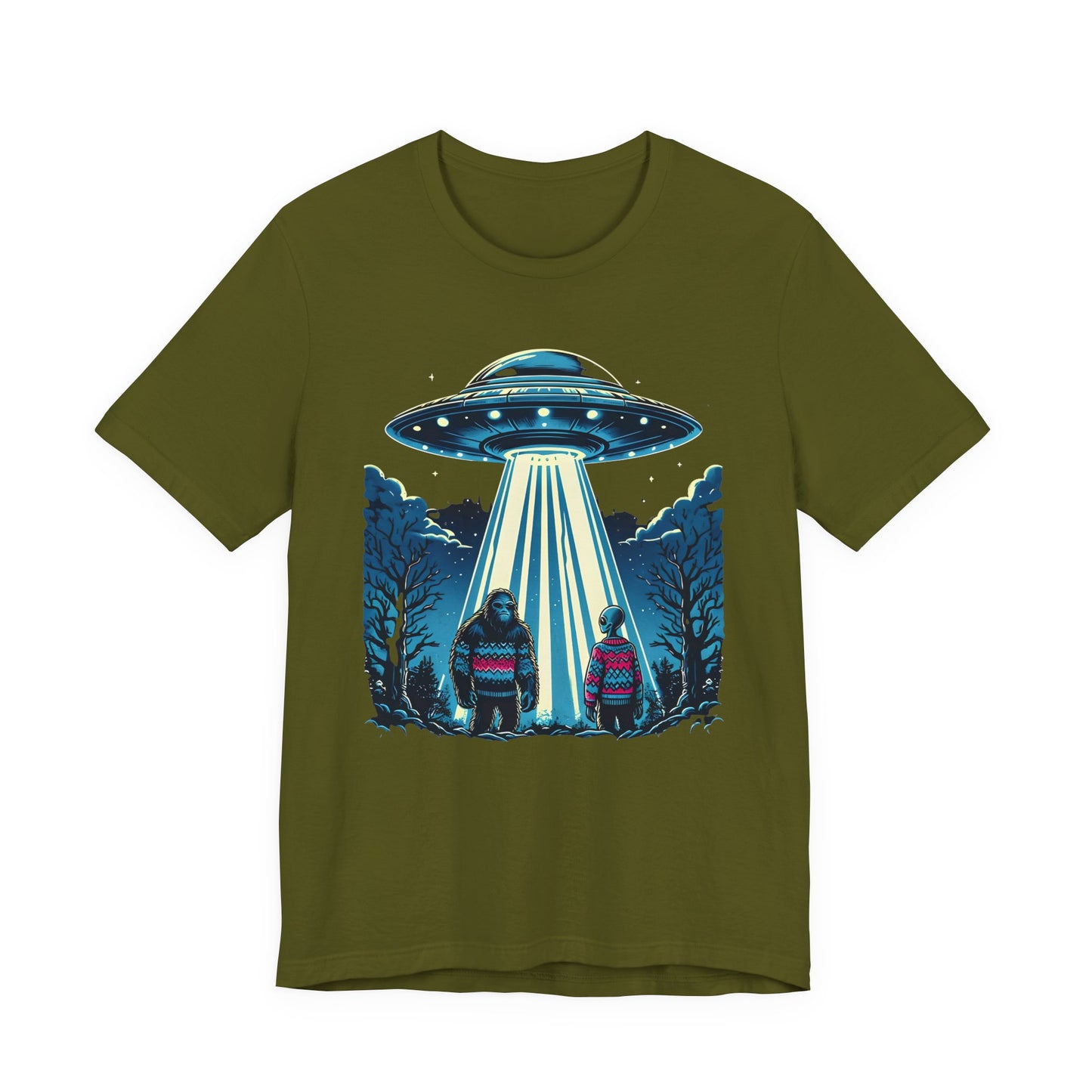 T-Shirt Alien and Bigfoot,  Ugly Christmas Sweater Tee, Funny UFO Holiday Shirt
