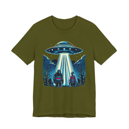 T-Shirt Alien and Bigfoot,  Ugly Christmas Sweater Tee, Funny UFO Holiday Shirt