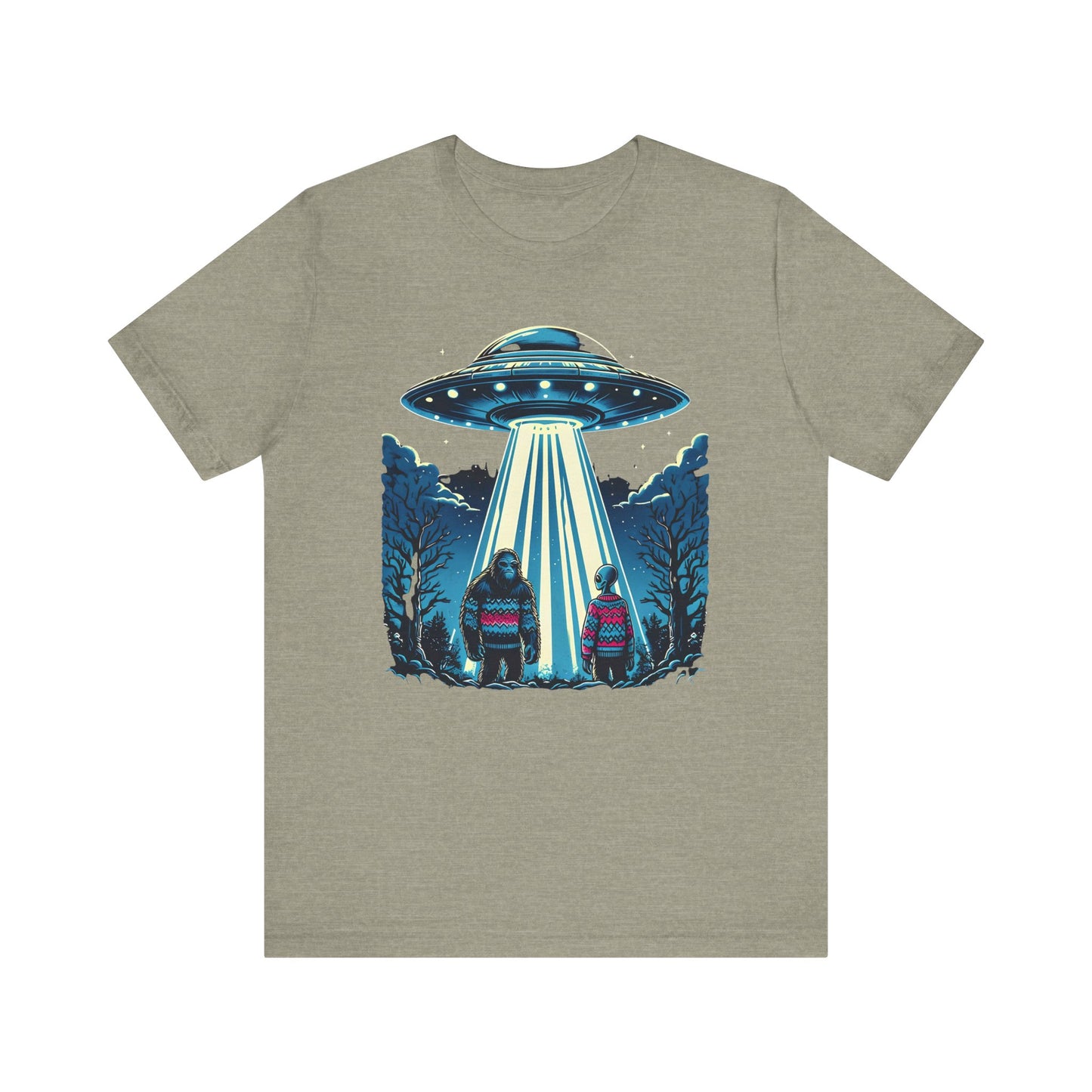 Alien Spaceship and Bigfoot Ugly Christmas Sweater Tee