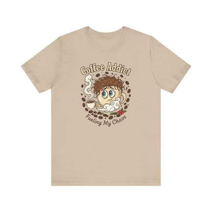 Coffee Addict Unisex Tee, Funny Caffeine Lover Shirt, Graphic T-Shirt, Chaos & Coffee Short Sleeve Top, Gift for Barista, Coffee Obsessed