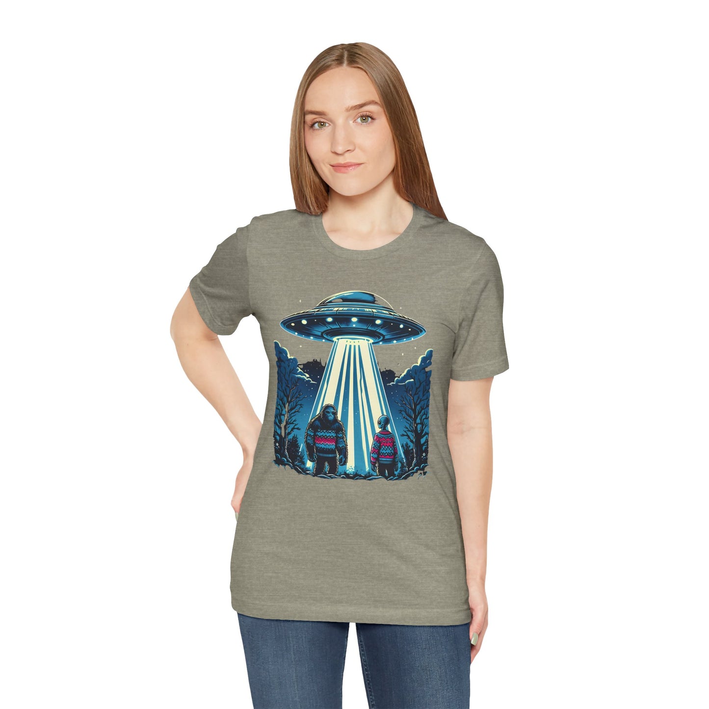 Alien Spaceship and Bigfoot Ugly Christmas Sweater Tee