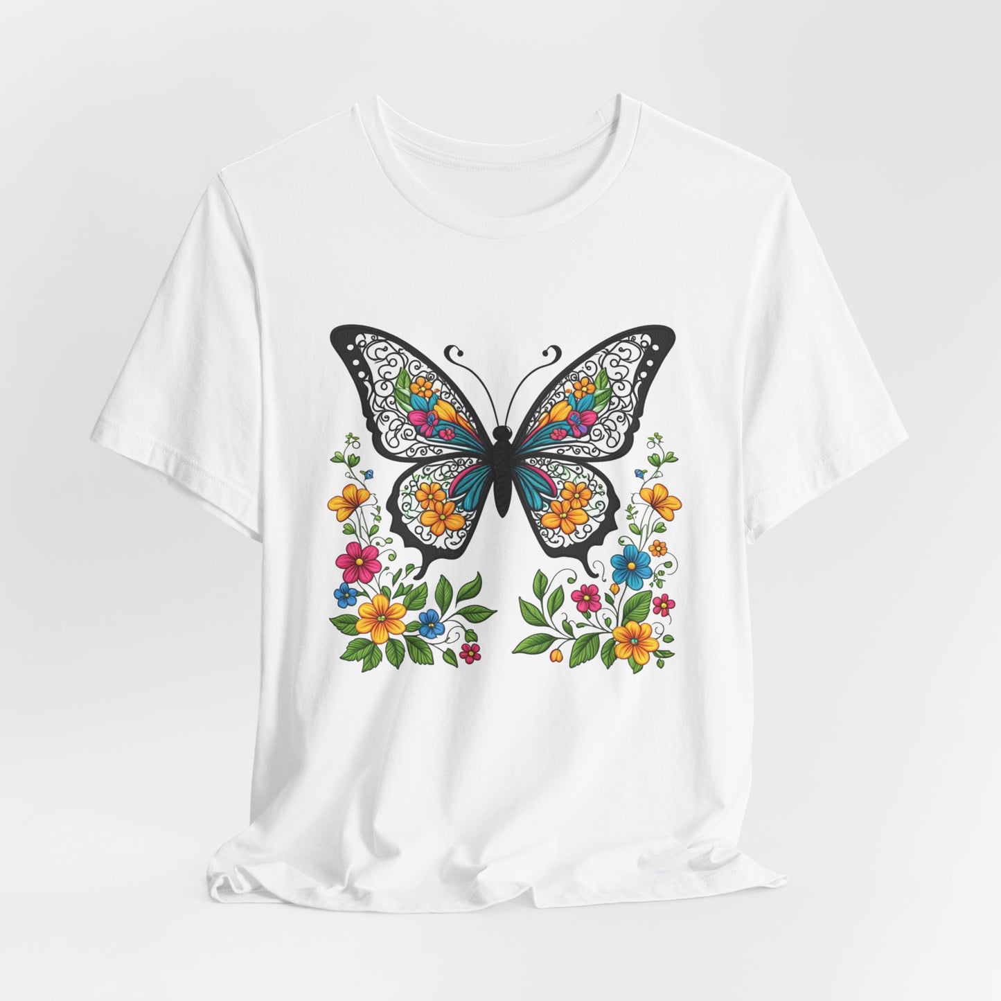 T-Shirt Butterfly and Flowers,  Botanical Floral Tee, Nature Lover Shirt, Cute Spring Top, Unisex Graphic Tee