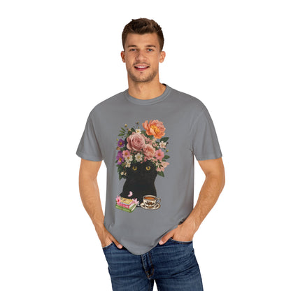 Black Cat Flowers Coffee Books Unisex T-shirt, Graphic Tee, Cat Lover Gift, Bookworm Shirt, Coffee Lovers Top